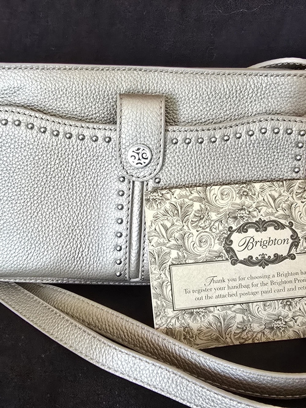 Brighton Silver Pebbled Leather Crossbody Bag with Stud Accents